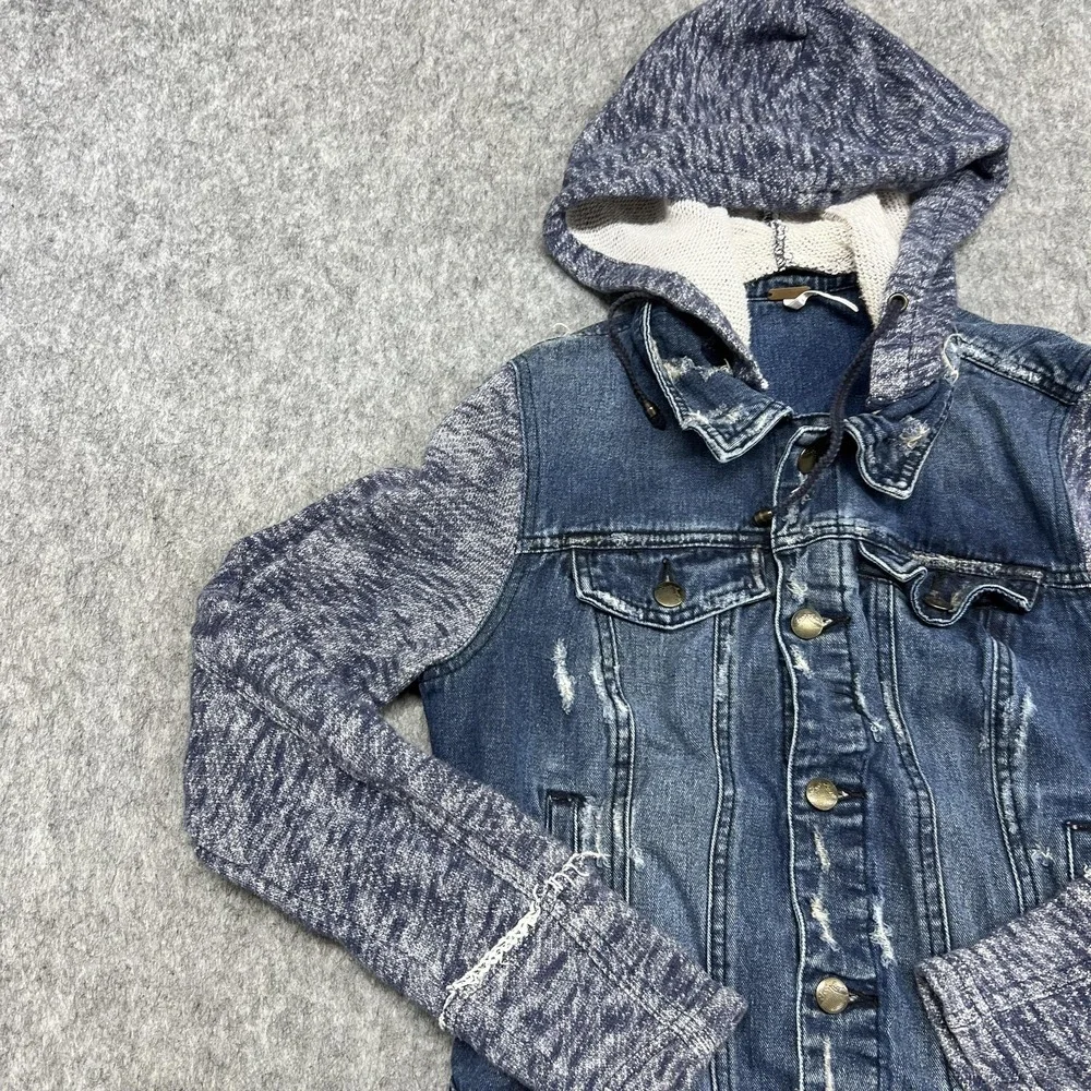Free People Jacket Womens S Blue Denim Jean Hooded Knit Sleeve Distressed - Picture 9 of 16